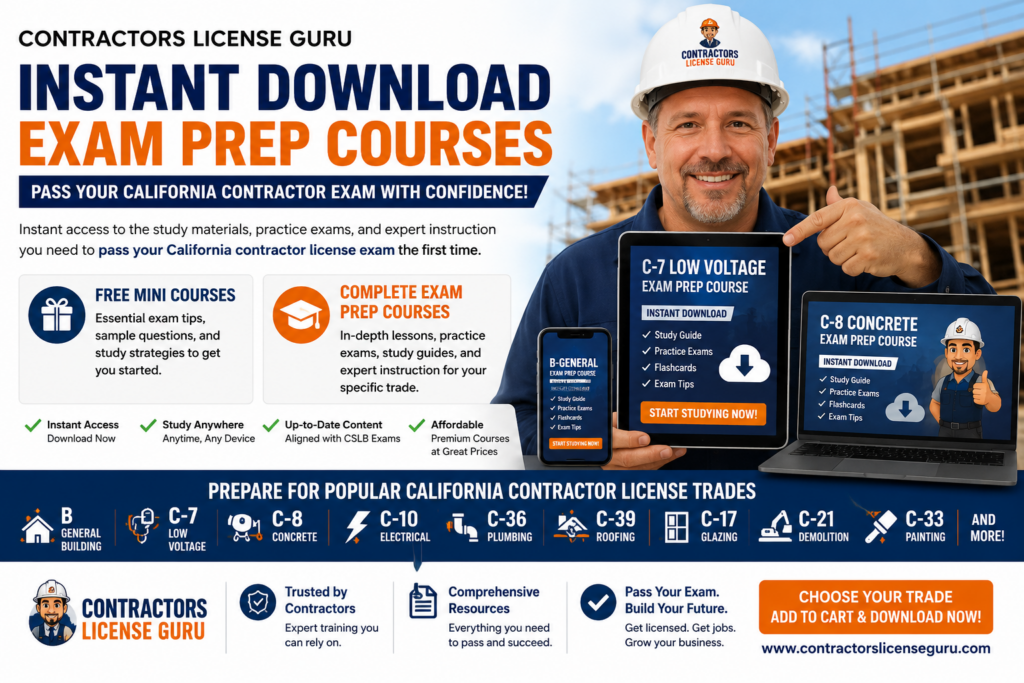California contractor license exam prep courses from Contractors License Guru with FREE mini courses, instant downloads, and comprehensive eBook study guides.