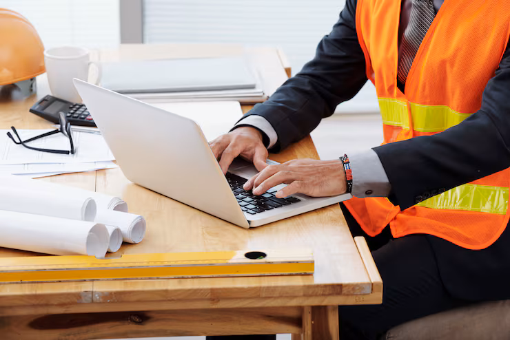 Construction worker studying